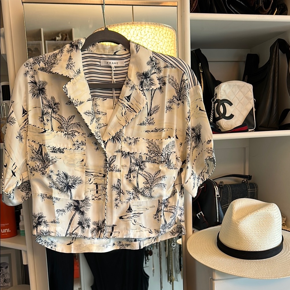 Frame Denim Women's Cream and Blue Tropical Print Silk Top